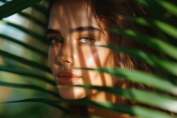 close-up of a young woman with green eyes partially obscured by palm leaves casting shadows on her face in soft natural light