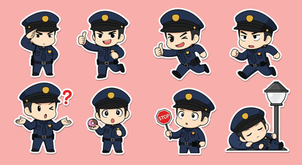 Adobe illustrator artwork vector illustration set of fifteen cute male police officer characters
