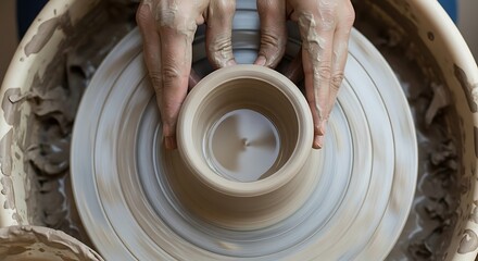 Fototapeta premium Focused hands skillfully shape and transform wet clay on a spinning wheel, creating unique pottery