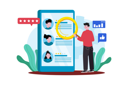 Man Inspecting Candidates on Mobile Phone Transparent Background