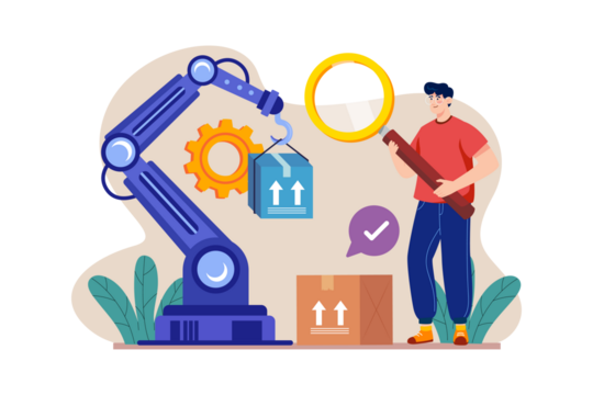 Man Inspecting Packages with Robotic Arm Lifting Box on Transparent Background