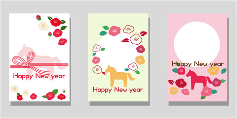 Set of 2026 Happy new year template. Cute horse and flower pattern decoration new year card collection. Vector illustration.