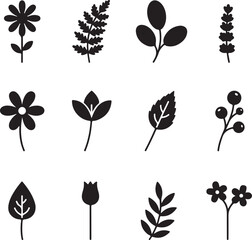Fototapeta premium Elegant Flora Silhouettes: a set of exquisite, minimalist silhouettes of flowers, leaves, and plants, perfect for adding a touch of nature and sophistication to any design. 