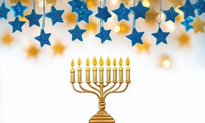 Golden menorah with nine lit candles beneath hanging blue and gold glittery star decorations and soft glowing bokeh lights on white background