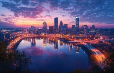 Obraz premium City skyline at sunset with colorful sky and calm river reflecting illuminated buildings and bridges in an urban setting