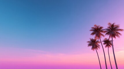 Obraz premium Vaporwave Aesthetic with Pastel Tones, Serene sunset with palm trees silhouetted against a vibrant pink and blue sky.