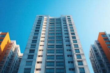 Obraz premium Tall residential buildings with multiple windows against a clear blue sky in bright daylight