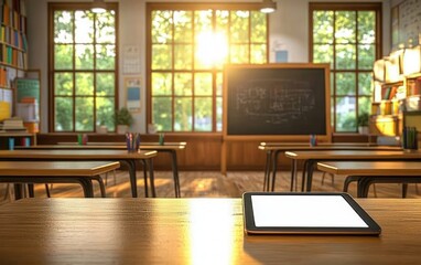 Empty classroom with wooden desks, large windows letting in warm sunlight, a digital tablet on front desk, and a chalkboard in the background