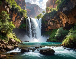 Majestic Waterfall Cascading Through Canyon Walls