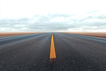 Fototapeta premium Empty straight asphalt road with a yellow dividing line stretching into the horizon beneath a cloudy sky over barren land