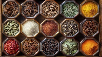 Top view of assorted colorful spices organized in a wooden tray with octagonal compartments showcasing star anise, cardamom, peppercorns, turmeric, and dried herbs