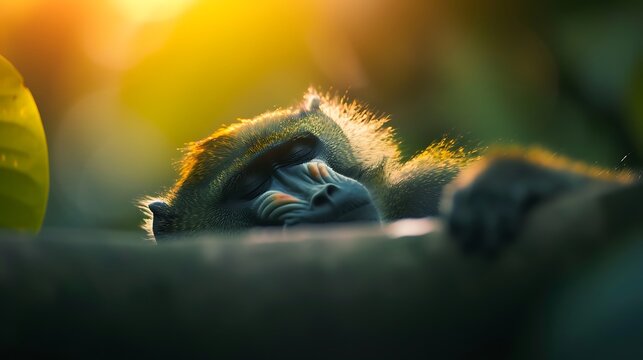 A monkey rests peacefully in the warm glow of golden hour sunlight