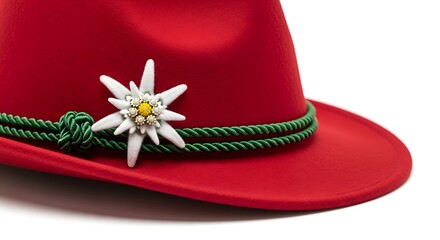 A vibrant red felt Tyrolean hat with a green cord band and a traditional edelweiss flower pin, isolated on a white background.