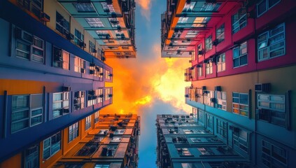 Colorful apartment buildings, looking up at sunset