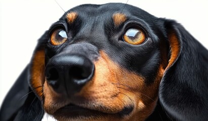 Close-up of a black and tan dachshund dog with expressive amber eyes looking upwards against a white background