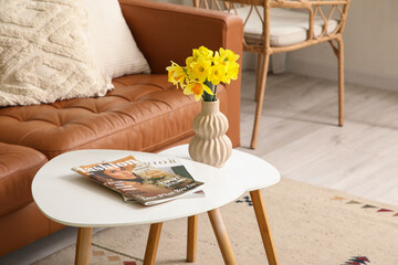 Vase of beautiful daffodil flowers and magazines on coffee table near sofa in living room