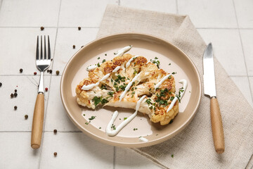 Plate of grilled cauliflower steak with sauce and parsley on white tile background, closeup