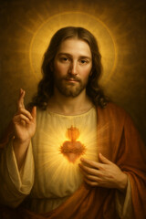 Devoci&oacute;n al Sagrado Coraz&oacute;n de Jesucristo con luz divina y coraz&oacute;n resplandeciente. Divina Misericordia.
