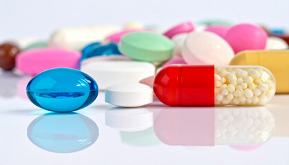 Medical marvel: A close-up shot captures a vivid array of pills, tablets, and capsules. Highlighting the variety of medical treatments. 