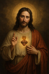 Devoci&oacute;n al Sagrado Coraz&oacute;n de Jesucristo con luz divina y coraz&oacute;n resplandeciente. Divina Misericordia.
