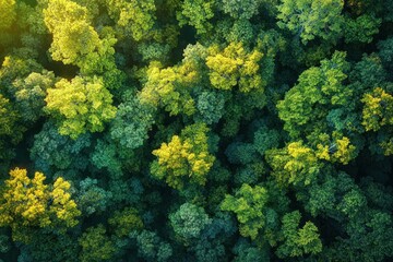 Naklejka premium Aerial view of a dense green forest with sunlight casting a warm glow on treetops, showcasing various shades of green and a vibrant natural landscape