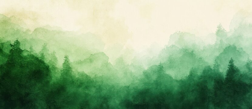 Misty green forest landscape with layered evergreen trees fading into soft light background, evoking calm and peaceful nature scenery