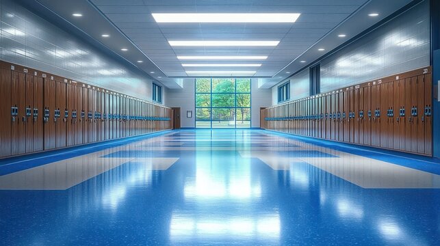 Empty school hallway with rows of brown lockers on both sides and large window showing trees outside, bright and clean environment - Powered by Adobe