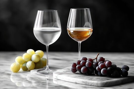 Two glasses of wine, one white and one amber, accompanied by green and red grapes on a marble surface with a dark background, evoking elegance and refinement