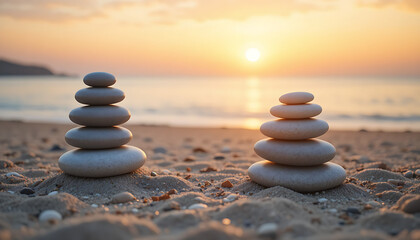 Balanced Zen Stones on Beach at Sunrise Symbolizing Peace and Mindfulness