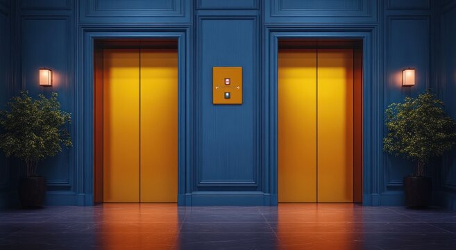 Two closed golden elevators set within a stylish blue paneled wall illuminated by wall lights and flanked by potted green plants in a modern interior