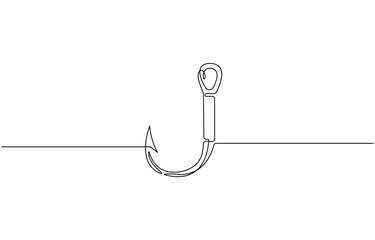 Continuous one line drawing fishing hook, single line fishing equipment, concept, minimalist pro vector illustration, on transparent background.