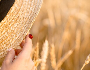 Ladybird on straw hat in wheat field