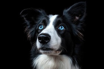 Fototapeta premium close-up of a black and white border collie dog with striking blue eyes looking upwards against a black background, conveying curiosity and attentiveness