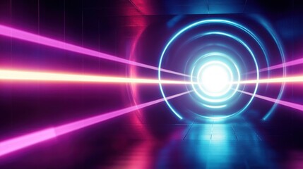 Futuristic tunnel lit by neon pink, yellow, and blue rings with glowing light at the end creating a vibrant and energetic atmosphere