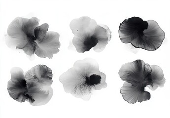 Six abstract black and gray watercolor flowers with soft gradients and delicate petal textures on a white background
