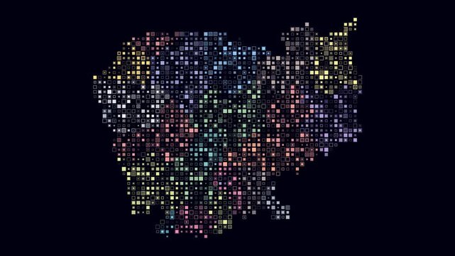 Cambodia animated country shape. Pulsating colored dots on the map of the country. Small size square blocks. Digital style Cambodia map on dark background. Amazing animation video.