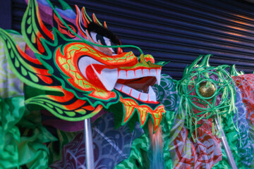 Traditional offerings and flag in Taiwanese temple festival Tamsui