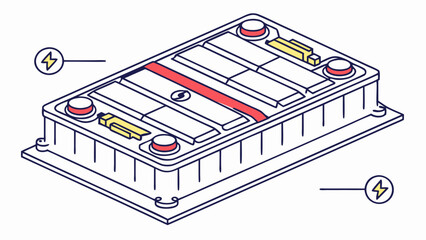 Electric Vehicle Battery Pack Isometric Line Art Illustration with Power Icons. Modern Energy Storage Module.