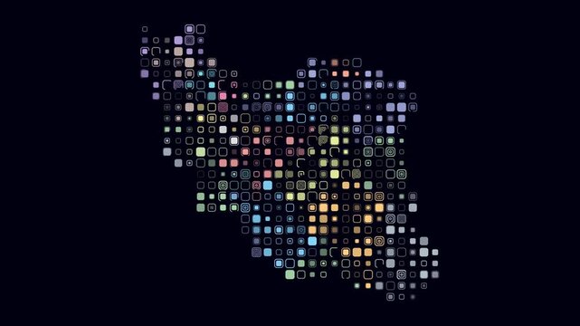 Iran map animation. Shape of the country with pulsating colored dots. Large size rounded square blocks. Digital style Iran map on dark background. Modern video.
