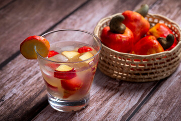 Brazilian Cachaça Cocktail with Cashew Fruit and Ice