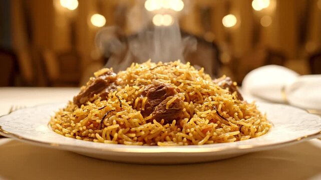 Delicious biryani recipe indian cuisine flavorful rice dish gourmet food photography restaurant setting video 4k