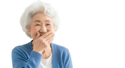 Elderly asian woman covering her mouth and laughing isolated on transparent background