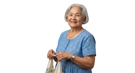 Happy elderly woman with gray hair holding a shopping bag isolated on transparent background