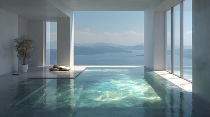 Modern Seaview Poolvilla Minimalist Onyx Swiss Style Vibrant Accents Crisp Details Elegant Design Luxurious Ambiance Sophisticated Appeal (AI-Generated)