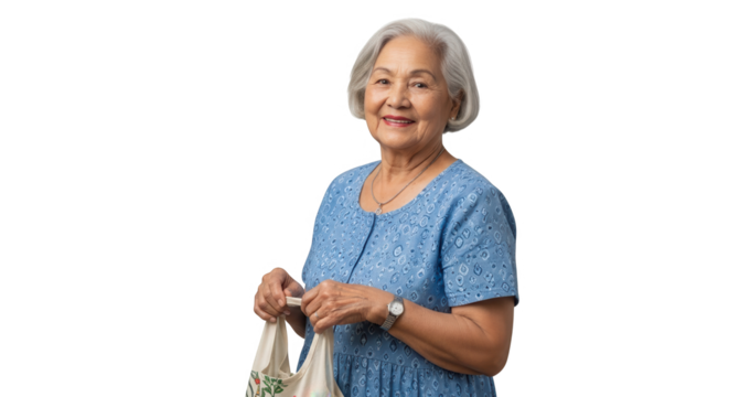 Happy elderly woman with gray hair holding a shopping bag isolated on transparent background