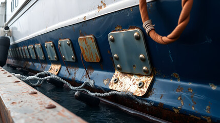 Close-up view of zinc plates on boat hull protecting against seawater corrosion. Zinc anodes installed to prevent electrochemical reaction, oxidation. Maritime technology, vessel maintenance.