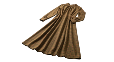 Isolated Product Shot of Brown Check Pattern Long Sleeve Maxi Dress