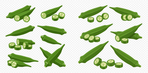 Various fresh green okra pods, whole and sliced, arranged on a transparent background.