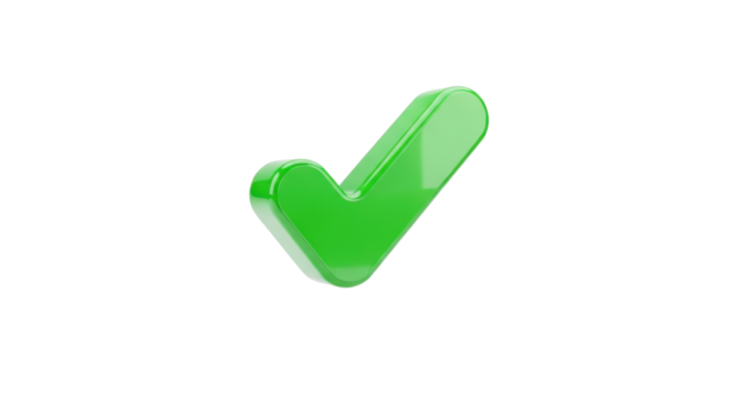 3D Glossy Green Check Mark Icon Isolated on White Background