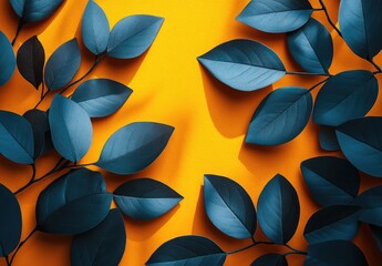 Deep teal leaves on bright orange background